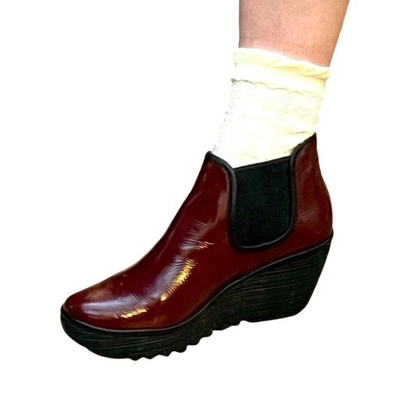 Fly London Burgundy wedge platform Yat Chelsea Bootie boots 38 8 Portugal NEW - Picture 4 of 16